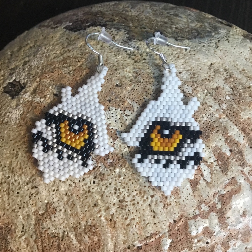 Handcrafted White Wolf Beaded Brick Stitch Earrings - Amber Eyes, Animal Jewelry
